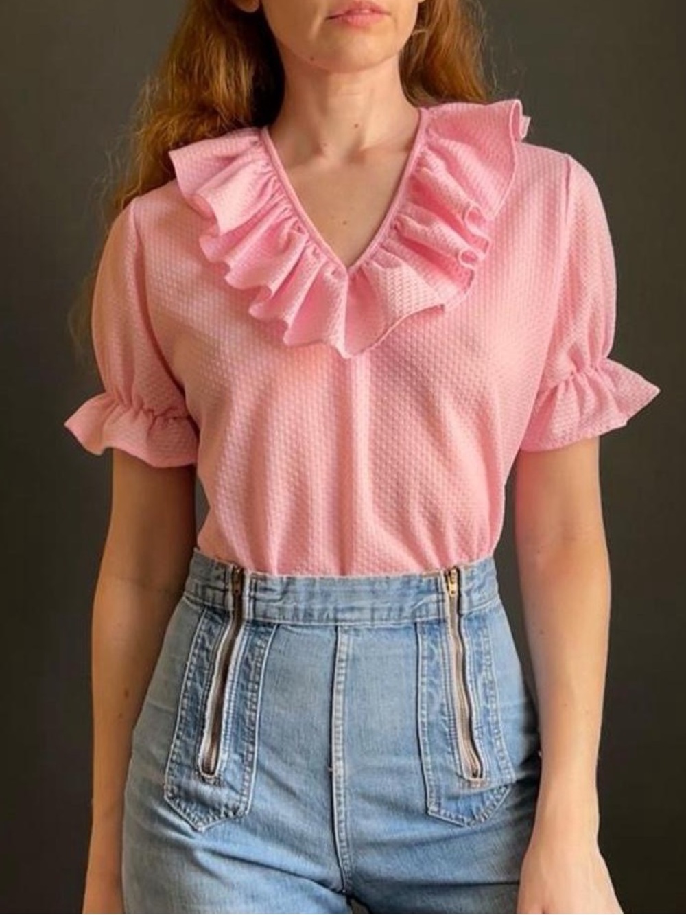 Vintage 1970s Pink Ruffled Neck Bodysuit, Pink Puff Sleeve Blouse, Small Medium